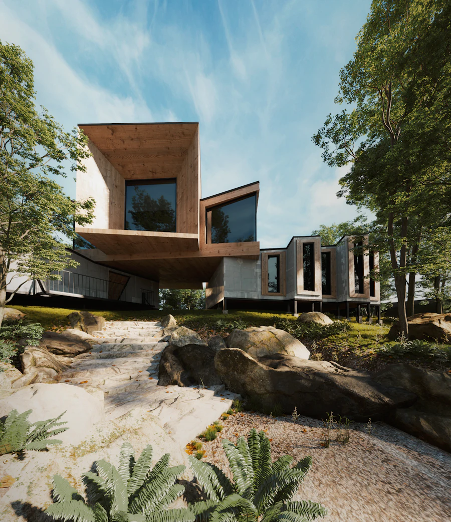 Modern house of glass and weathered steel set among limestone rocks and desert plants