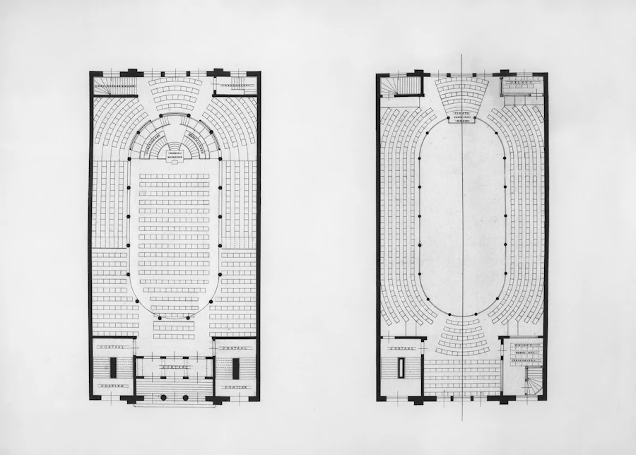 Pencil plan drawings of two symmetrical auditorium buildings